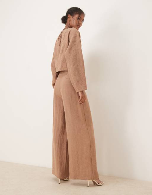 ASOS DESIGN – Leinenmix-Hose in Taupe mit Knitterstruktur und hohem Korsett-Bund, Kombiteil, 4 von 4