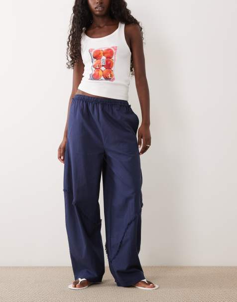 ASOS DESIGN Leinenmix-Hose mit Barrel-Leg, zum Reinschlüpfen, mit offenen Nahtdetails in Marineblau - view 1