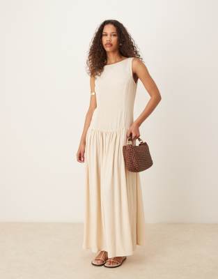 ASOS DESIGN - Leinenmix-Maxikleid in Beige mit tiefer Taille und tiefem Rückenausschnitt-Neutral