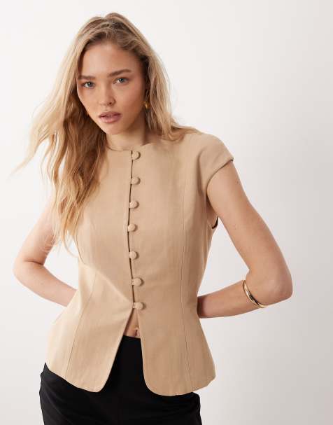 ASOS DESIGN – Leinenmix-Weste in Beige mit Kappärmeln - view 1