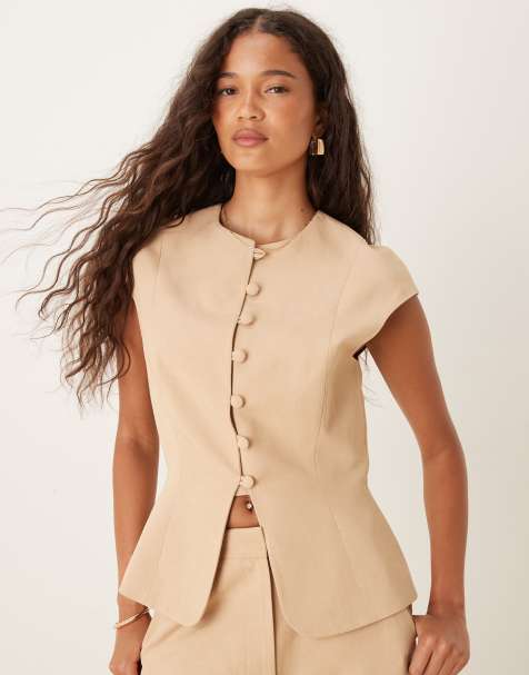 ASOS DESIGN – Leinenmix-Weste in Neutral mit Kappärmeln - view 1