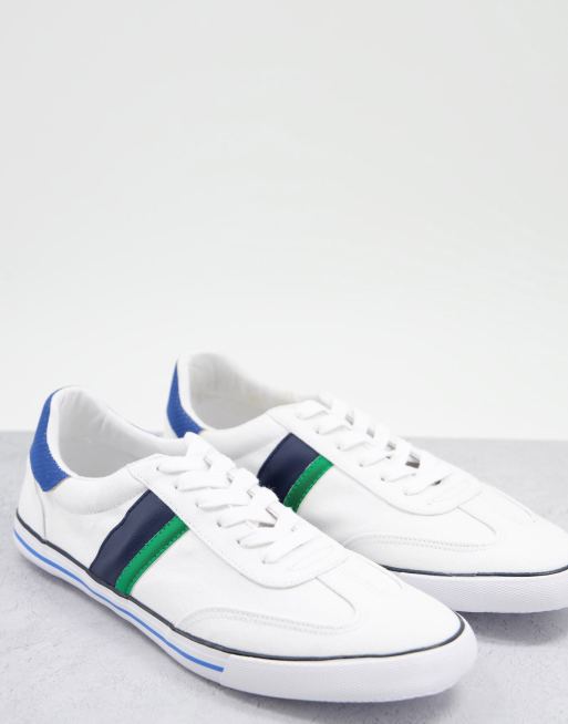ASOS DESIGN – Leinenschuhe zum Schnüren in Weiß mit Streifendetail in Marineblau und Grün
