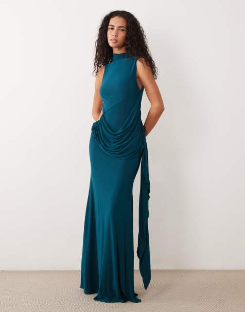 ASOS DESIGN lejąca sukienka maxi z wycięciami, wysokim dekoltem, drapowanym kołnierzem i szarfą, w kolorze petrolowym - view 1