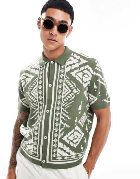 ASOS DESIGN – Lekka dzianinowa koszula o luźnym kroju w kolorze khaki w haftowany bandanowy wzór - view 1