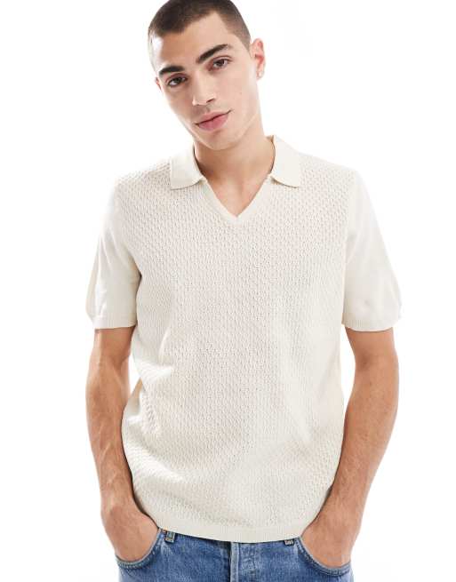 ASOS DESIGN – Lekka dzianinowa koszulka polo o pudełkowym kroju w beżowym kolorze