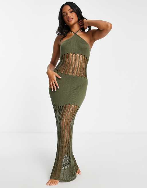 ASOS DESIGN – Lekka dzianinowa sukienka plażowa z ażurowym wzorem w kolorze khaki 