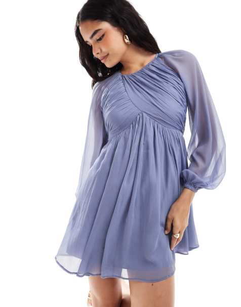 ASOS DESIGN raglan sleeve wafty mini dress with open back in dusky blue