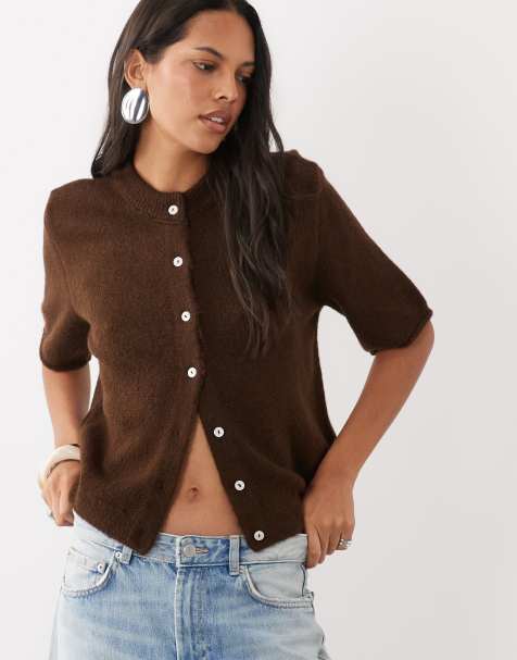 ASOS DESIGN lekki kardigan z krótkim rękawem o luźnym kroju w kolorze czekoladowym - view 1