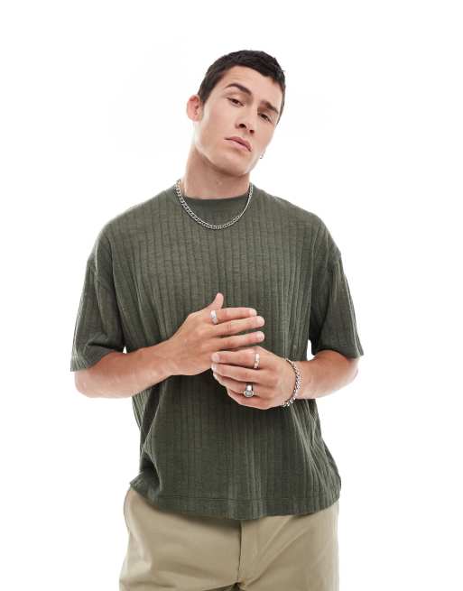 ASOS DESIGN – Lekki prążkowany T-shirt oversize o pudełkowym kroju w kolorze khaki