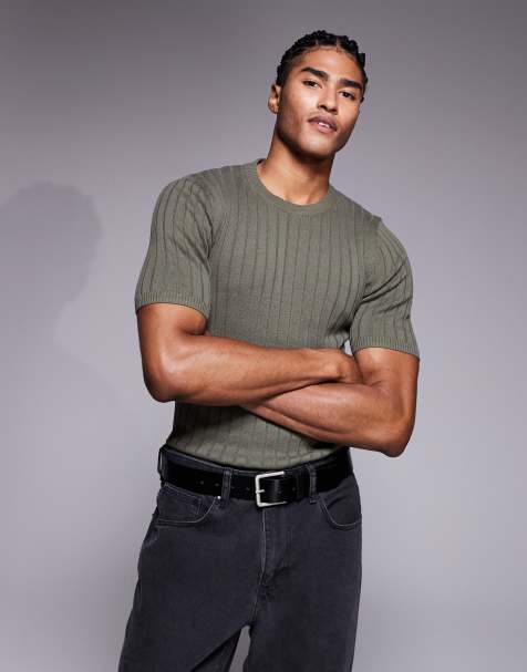 ASOS DESIGN muscle fit lightweight knitted rib t-shirt in khaki