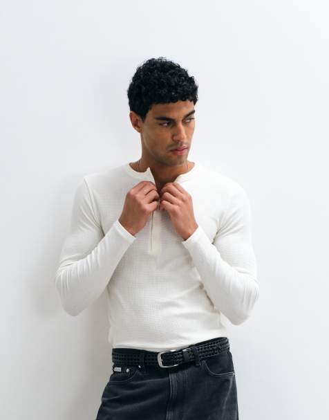 ASOS DESIGN lekki T-shirt z długim rękawem i krojem podkreślającym sylwetkę z dekoltem henley w kremowej fakturze - view 1