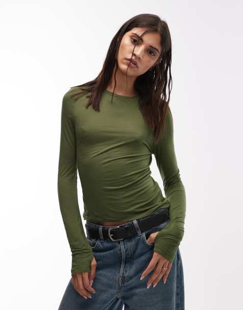 ASOS DESIGN – Lekko prześwitujący dopasowany oliwkowy top z długimi rękawami - view 1