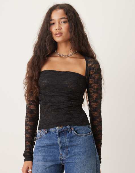 ASOS DESIGN lace shrug semi sheer ruched top in black