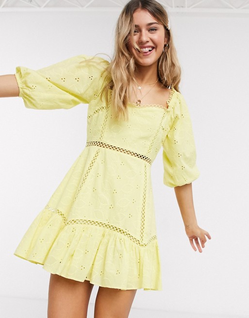 ASOS DESIGN lemon broderie square neck mini skater dress with lace inserts in yellow