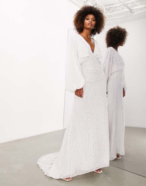 ASOS DESIGN Curve Florence plunge long sleeve wedding dress with