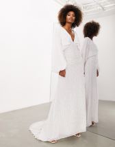 ASOS DESIGN Lisa drape sleeve plunge wedding dress with floral  embellishment in ivory