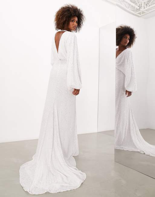 ASOS DESIGN Lennox sequin blouson sleeve wedding dress with train