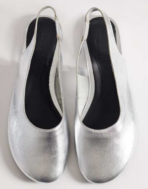 ASOS DESIGN - Lenza - Ballerine premium con cinturino posteriore in pelle color argento, 1 di 4