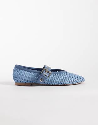 Asos Design Leonard Woven Detailing Mary Jane Ballet Flats In Blue