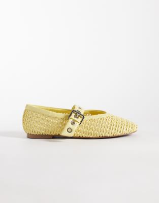 Asos Design Leonard Woven Detailing Mary Jane Ballet Flats In Yellow