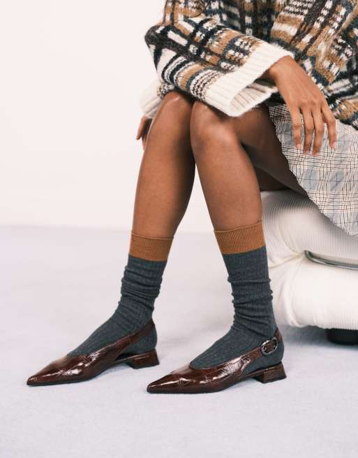 ASOS DESIGN Leonora slingback ballets in burgundy croc