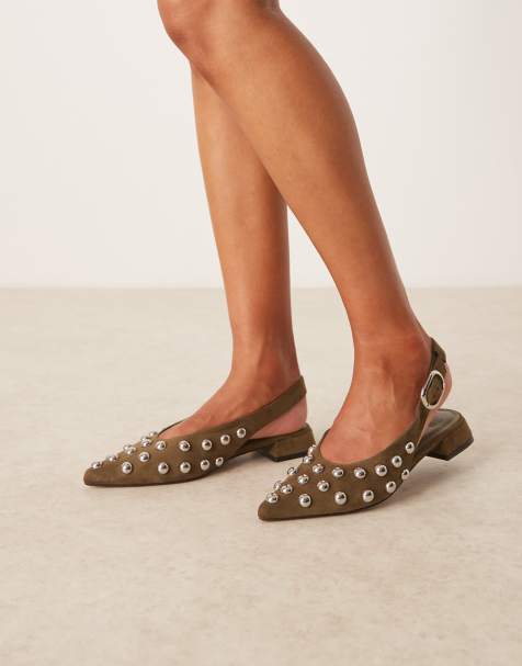 ASOS DESIGN Leonora studded slingback ballet flats in olive suedette - view 1