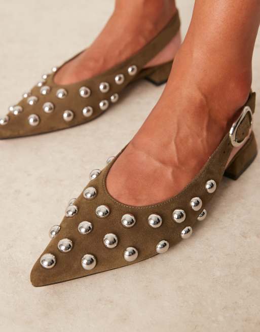 ASOS DESIGN Leonora studded slingback ballet flats in olive suedette