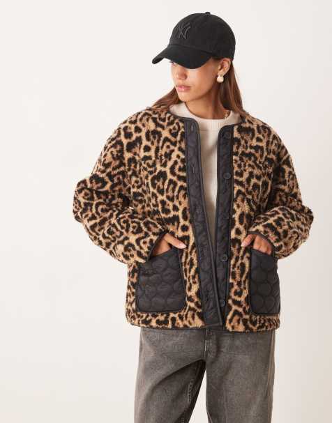 ASOS DESIGN leopard borg fleece jacket with quilted nylon detail in black
