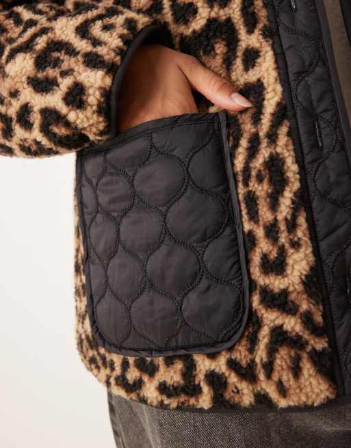 ASOS DESIGN leopard teddy jacket with quilted nylon detail in black