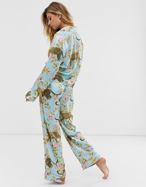 ASOS DESIGN leopard botanical traditional satin pyjama set