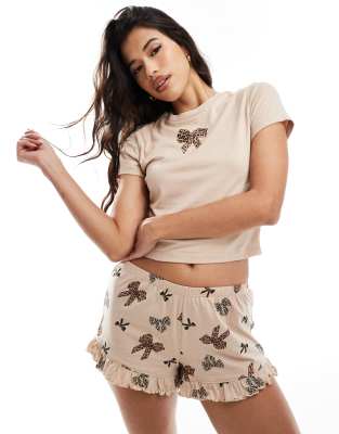 ASOS DESIGN leopard bow print tee & frill hem short pyjama set-Brown