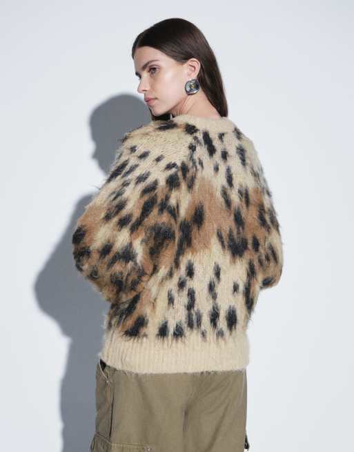 ASOS DESIGN leopard brushed crew neck jumper in brown, 3 of 5