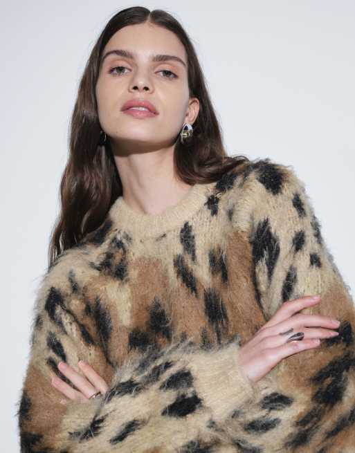 ASOS DESIGN leopard brushed crew neck jumper in brown, 5 of 5