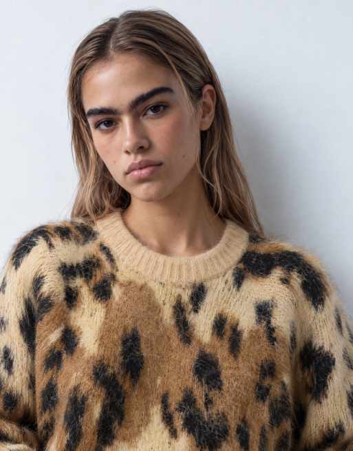 ASOS DESIGN leopard brushed crew neck jumper in brown, 8 of 11