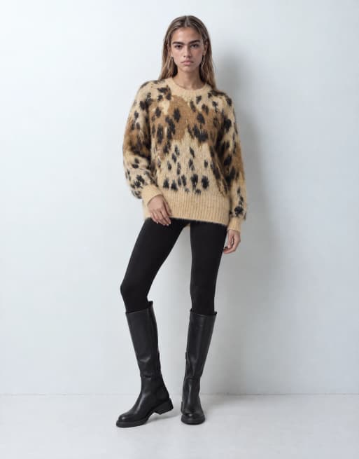 ASOS DESIGN leopard brushed crew neck jumper in brown, 9 of 11