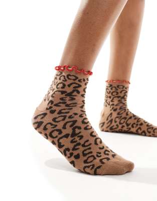 leopard knit frill ankle socks-Brown