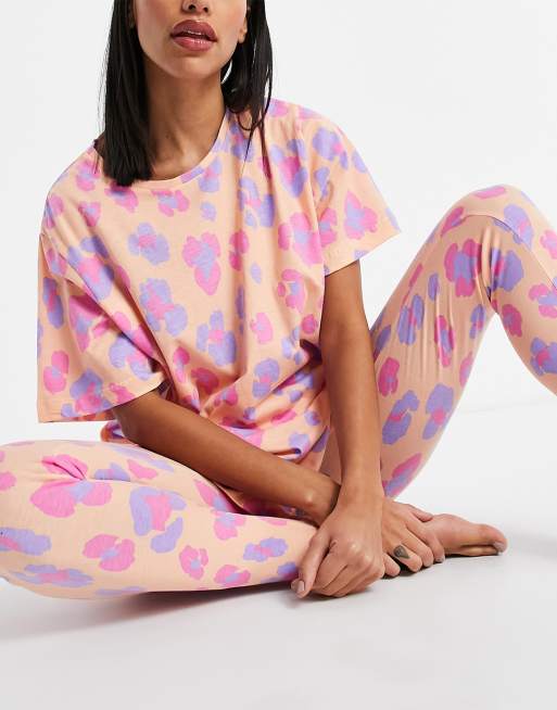 ASOS DESIGN leopard oversized tee & legging pyjama set in peach, 3 of 4