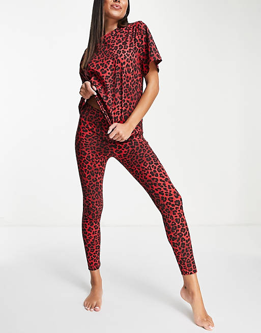 ASOS DESIGN leopard oversized tee & legging pyjama set in red | ASOS