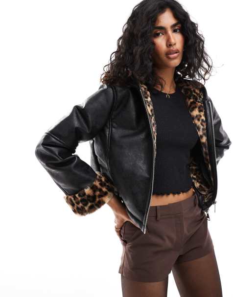 ASOS DESIGN leopard print bonded hooded faux fur jacket in black - view 1