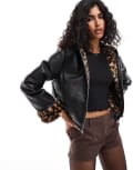 [ASOS DESIGN] ASOS DESIGN leopard print bonded hooded faux fur jacket in black XS Black