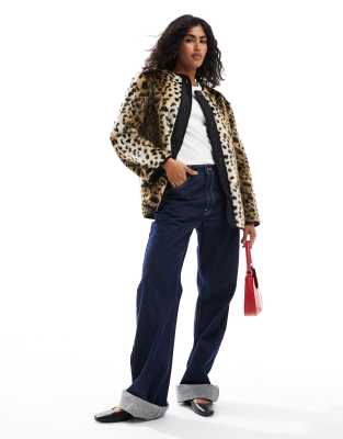 leopard print faux fur collarless jacket in leopard-Multi