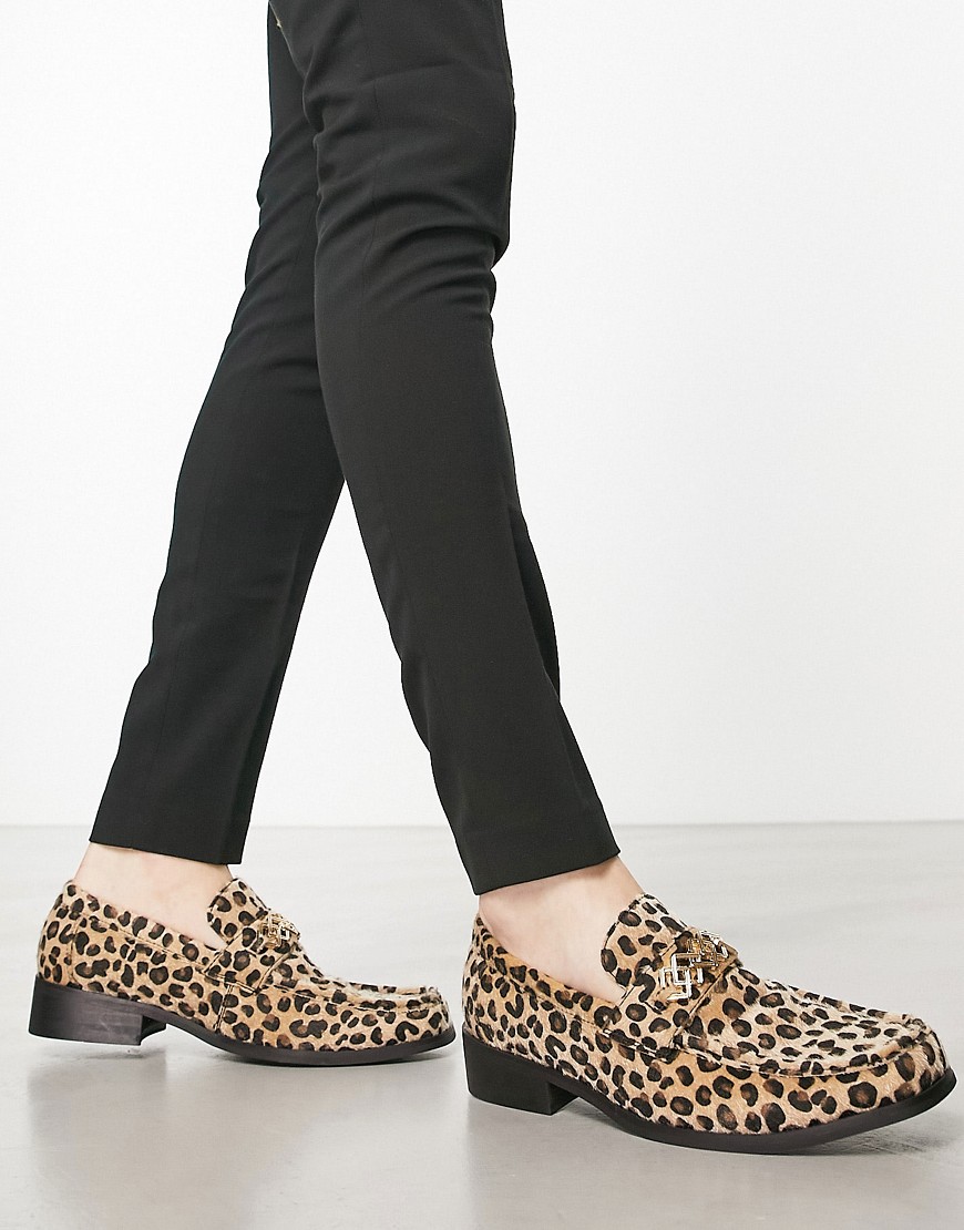 ASOS DESIGN leopard print loafers in faux pony hair with gold snaffle-Brown