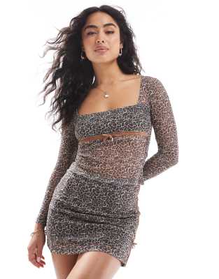 Asos Design Leopard Print Mesh Square Neck Bow Detail Top In Brown - Part Of A Set