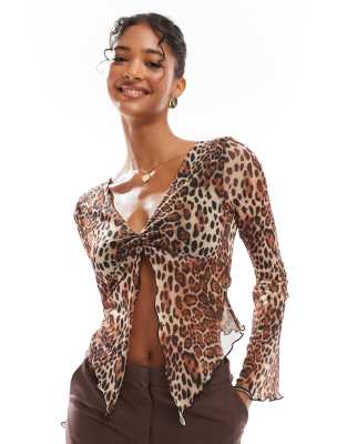 ASOS DESIGN ASOS DESIGN leopard print mesh twist front hanky top with flute sleeve in brown