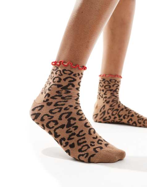 ASOS DESIGN leopard print socks with red frill edges in brown - view 1