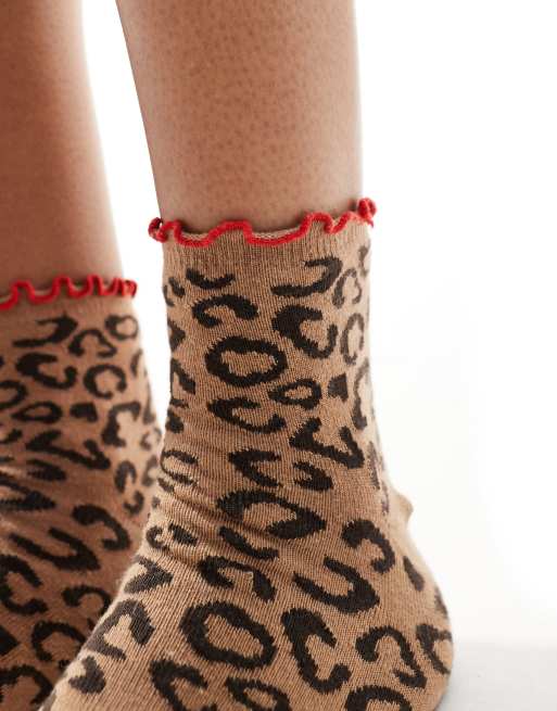ASOS DESIGN leopard print socks with red frill edges in brown, 2 of 3