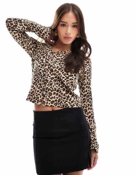 ASOS DESIGN leopard print waffle asymmetric top in brown - view 1