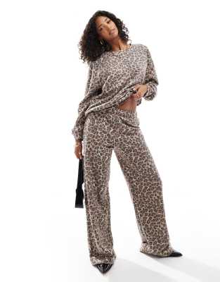 Asos Design Leopard Print Wide Leg Sweatpants In Brown-multi