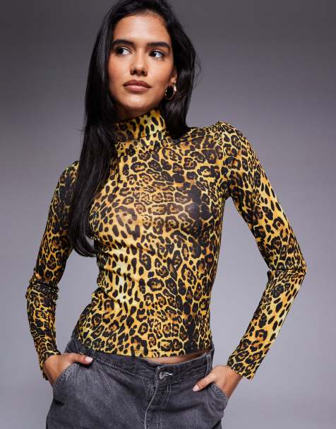 ASOS DESIGN leopard printed gauzy  sheer roll neck in multi - view 1