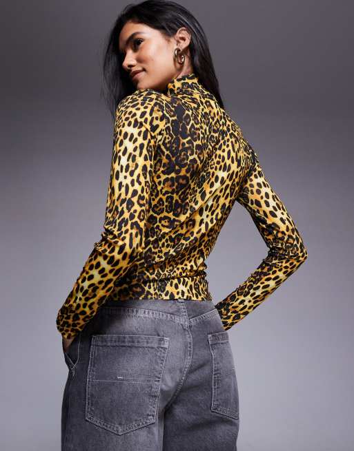 トップス Print Sheer High Neck ASOS DESIGN leopard printed gauzy sheer turtle neck top in
